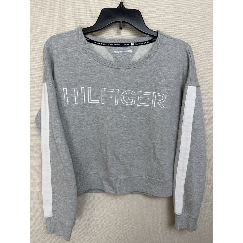 Tommy Hilfiger‎ Sport Gray Women's Sz L Crew Neck Fleece Cropped Logo Sweatshirt
